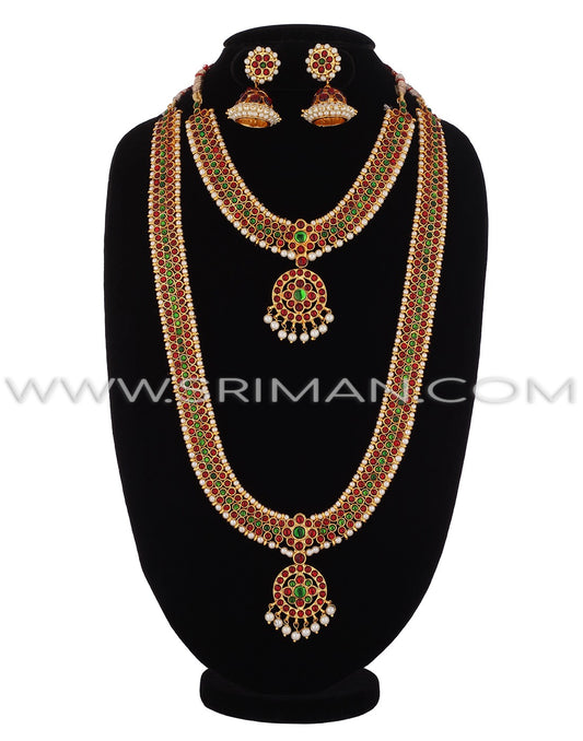 SRIMAN KEMPU GREEN STONES LONG HARAM WITH NECKLACE