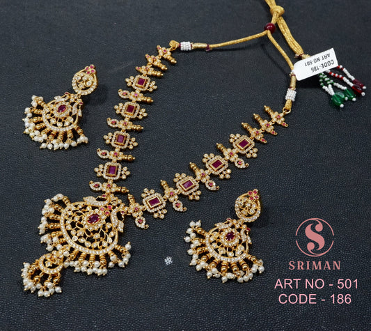 Sriman Mat finish uncut stone peacock design Necklace