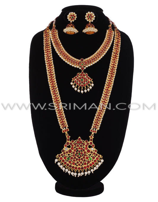 SRIMAN KEMPU LONG STONES HARAM WITH NECKLACE AND EARINGS