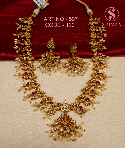 SRIMAN FANCY SMALL MOTI'S AND STONES NECKLACE WITH EARINGS