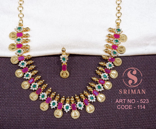 SRIMAN SMALL KEMPU STONES NECKLACE WITH EARINGS
