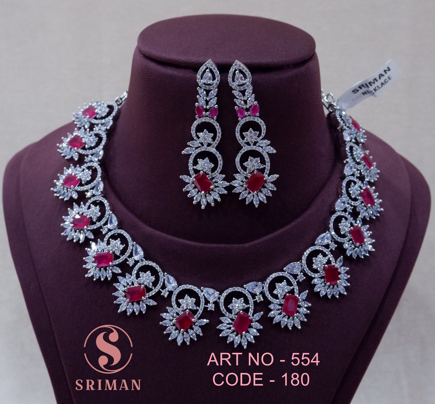 SRIMAN RADIUM RED FLOWER DESGIN NECKLACE SET