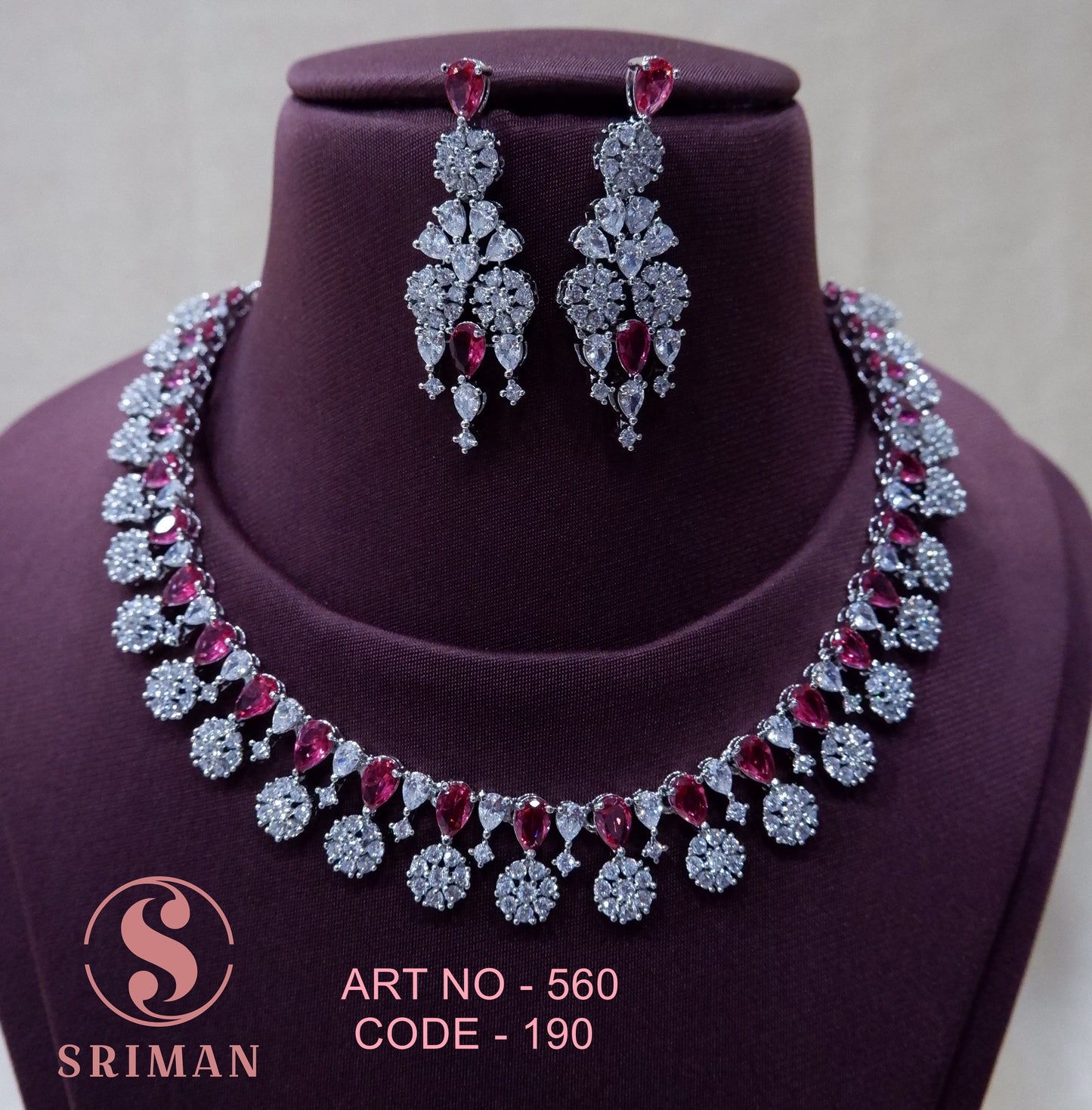 SRIMAN RED SMALL FLOWER DESGIN RADIUM NECKLACE SET