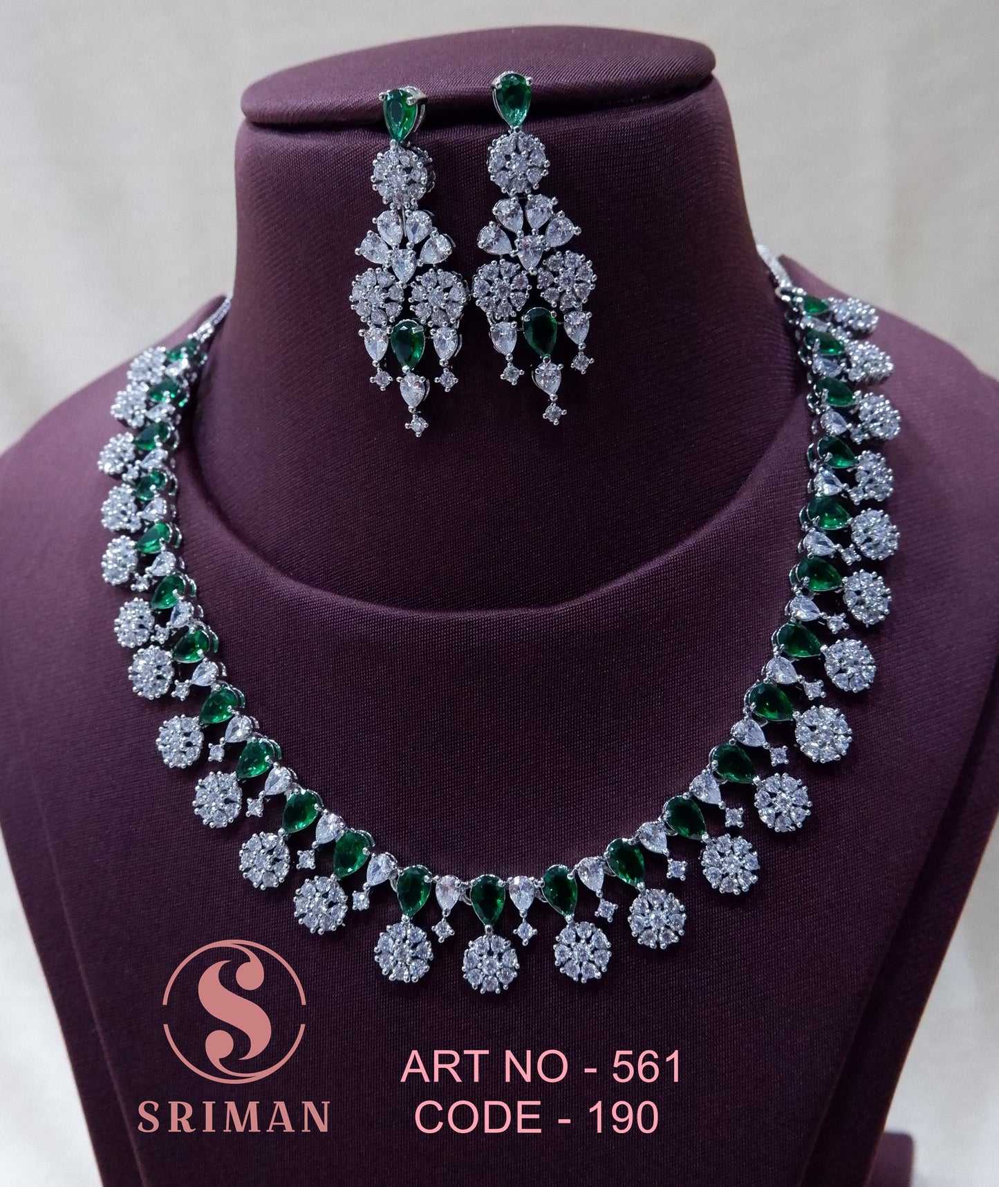 SRIMAN SMALL GREEN FLOWER DESGIN RADIUM NECKLACE SET