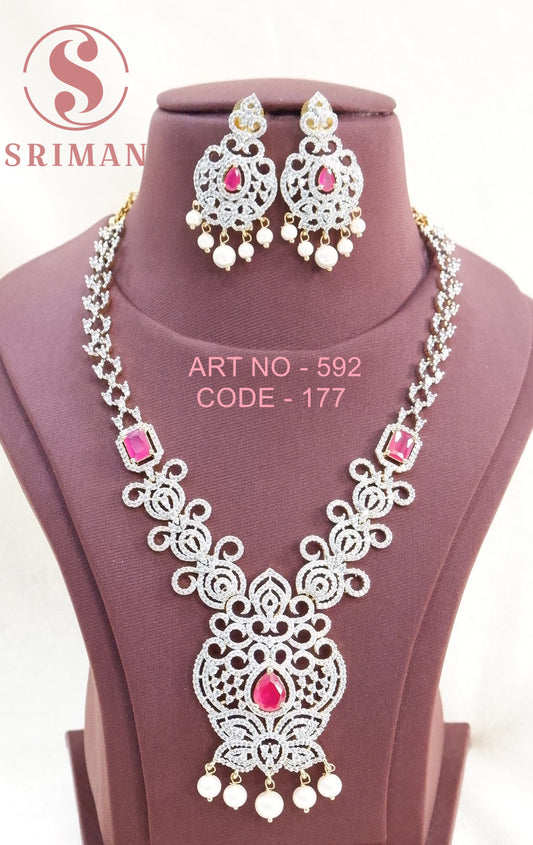 SRIMAN RED BEATS CZ STONES NECKLACE SET