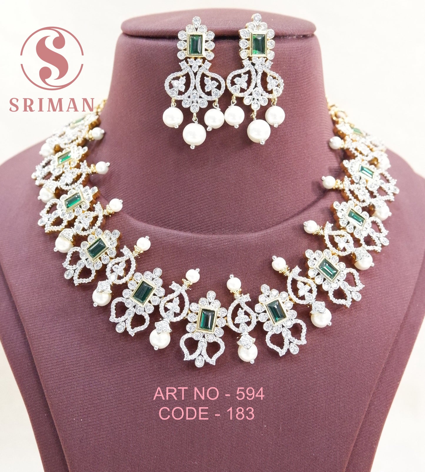 SRIMAN CZ STONES WITH GREEN BEATS NECKLACE SET