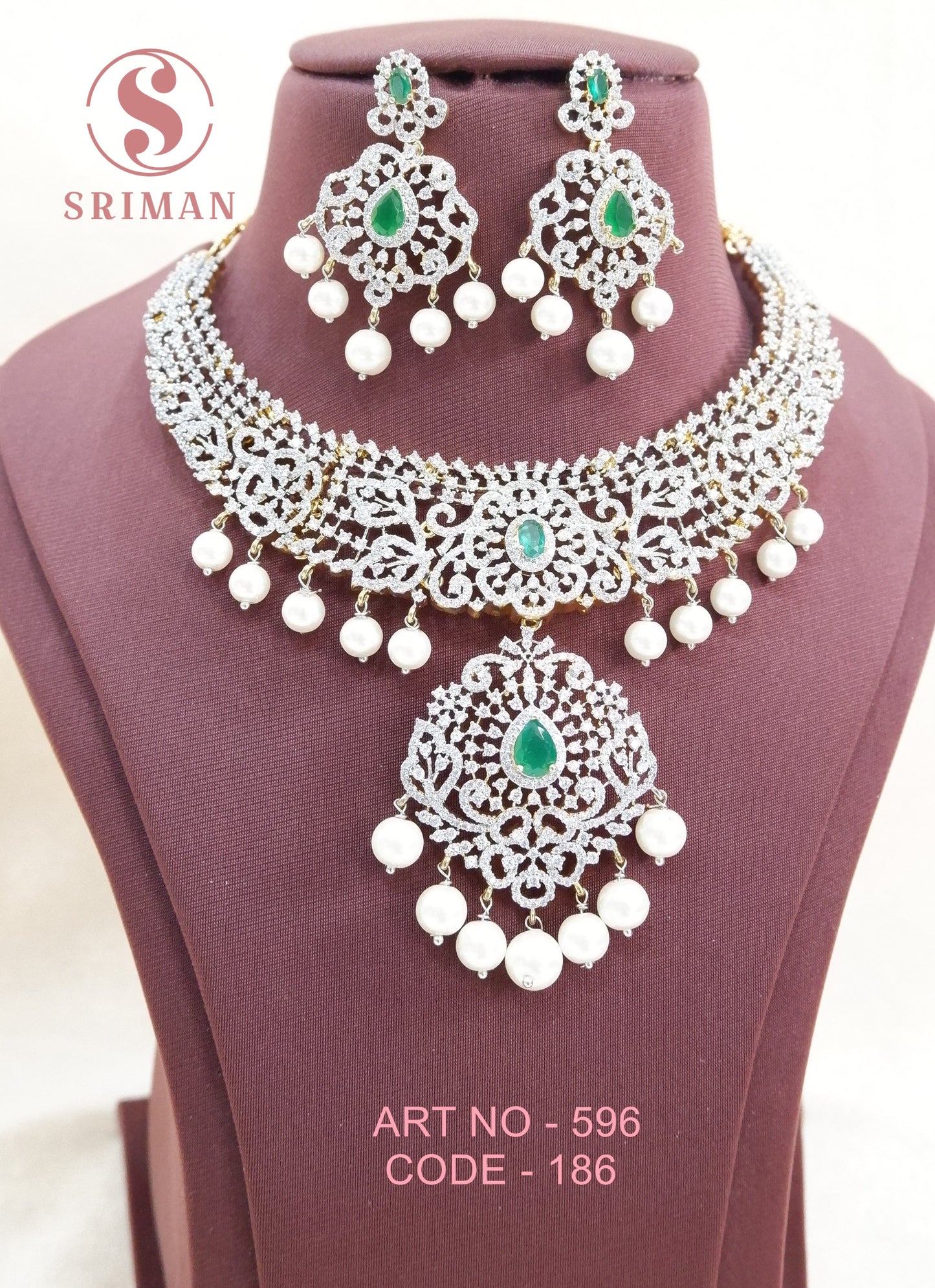 SRIMAN CZ STONES GREEN STONE NECKLACE SET