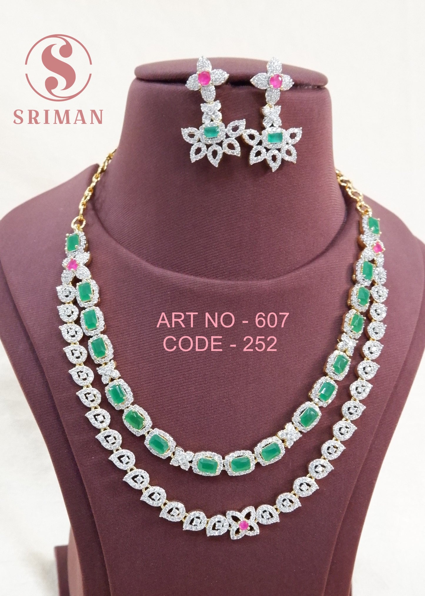 SRIMAN SIMPLE  GREEN 2 LINES NECKLACE SET