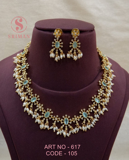 SRIMAN REAL PEARLS AAND GOLD FINISH NECKACE SET