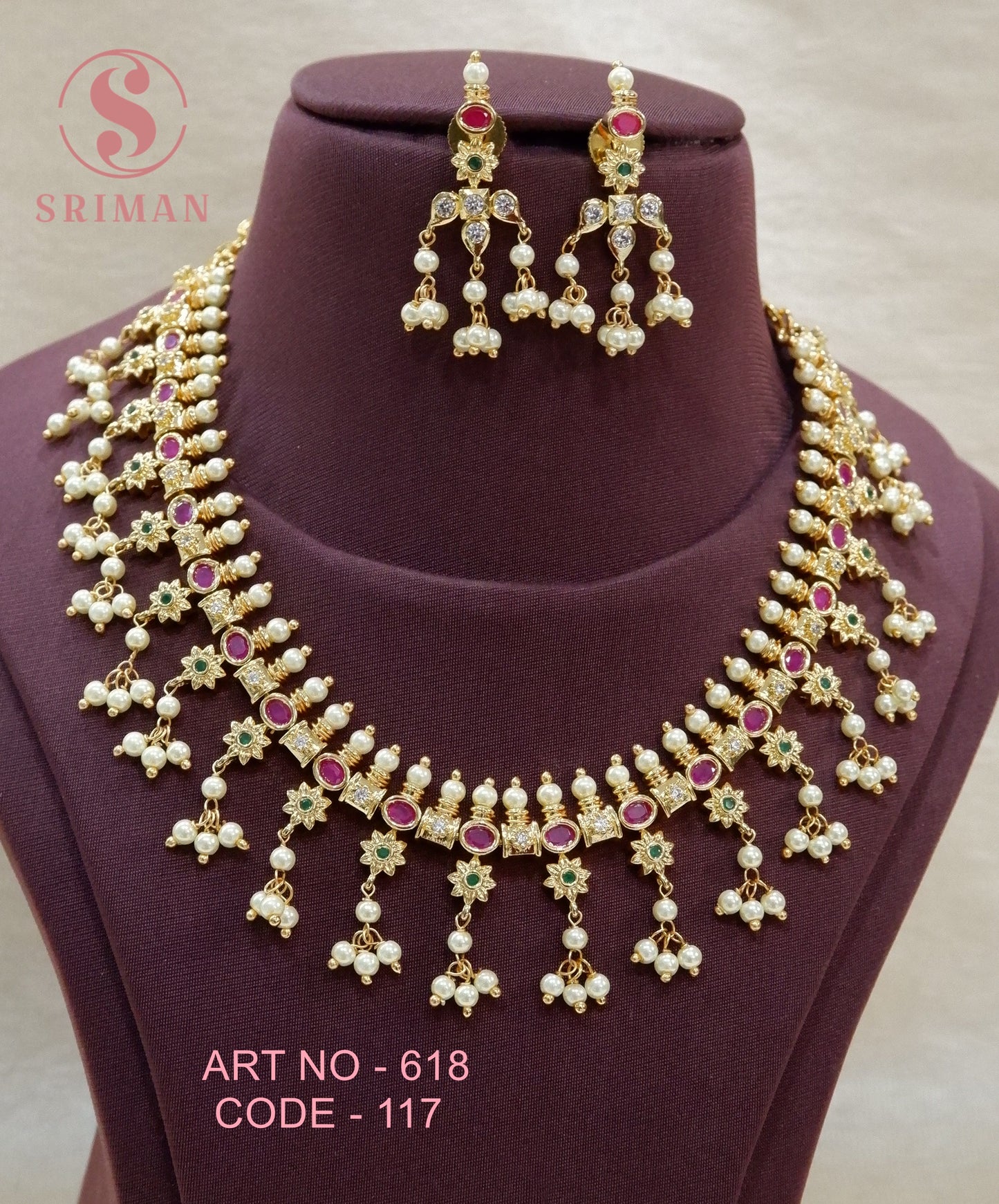 SRIMAN GOLD FINISH NECKLACE SET WITH MOTI