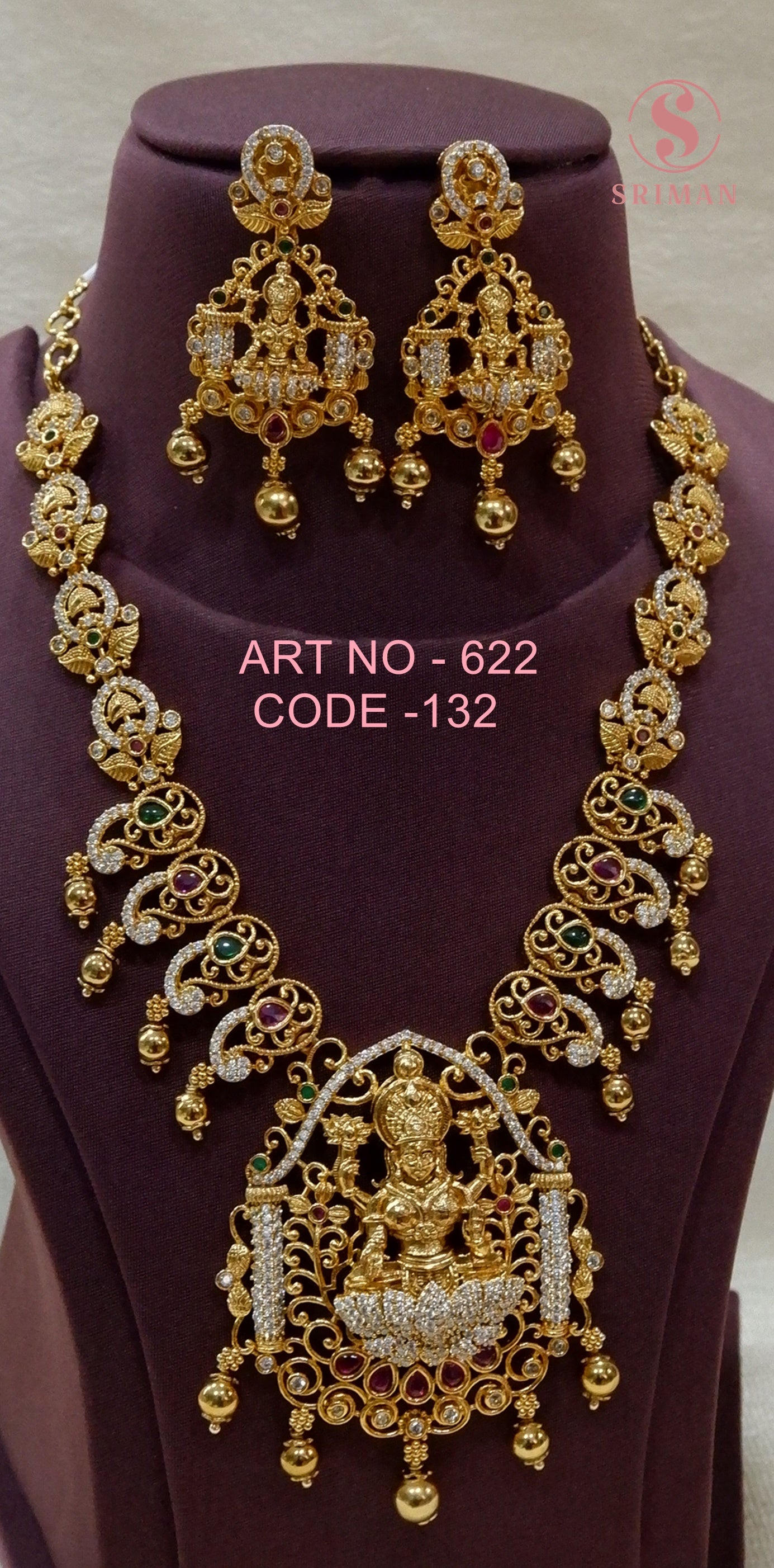 SRIMAN GOLD FINISH LAXMI LOCKET NECKLACE SET