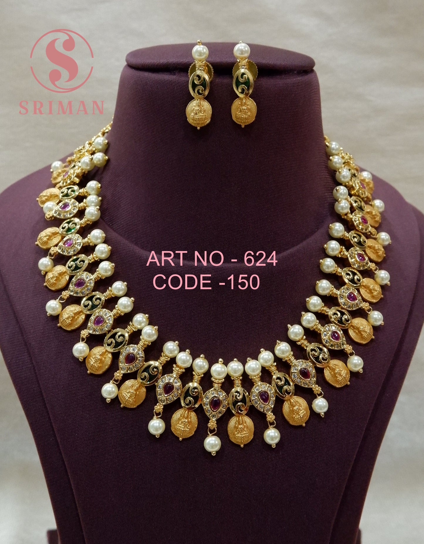 SRIMAN GOLD FINSH STONES AND MOTI NECKLACE SET