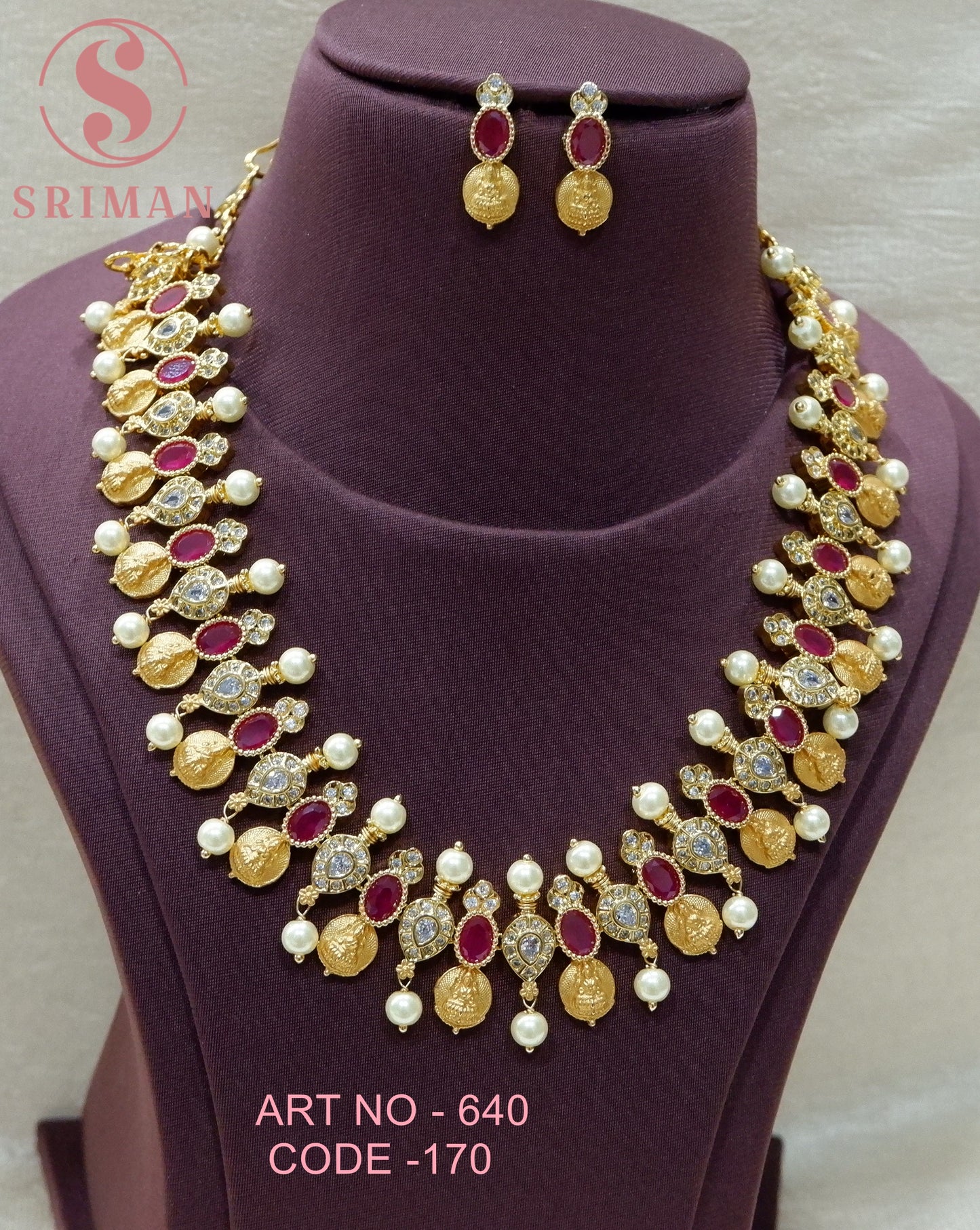 SRIMAN  STONES STUD NECKLACE SET WITH GOLD FINISH