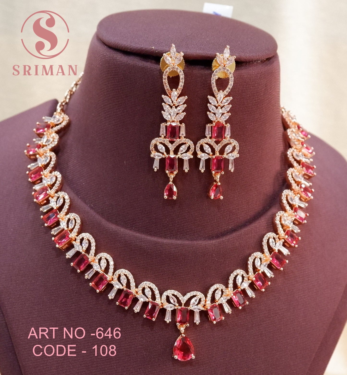 SRIMAN ROSE GOLD RED STONES NECKLACE SET