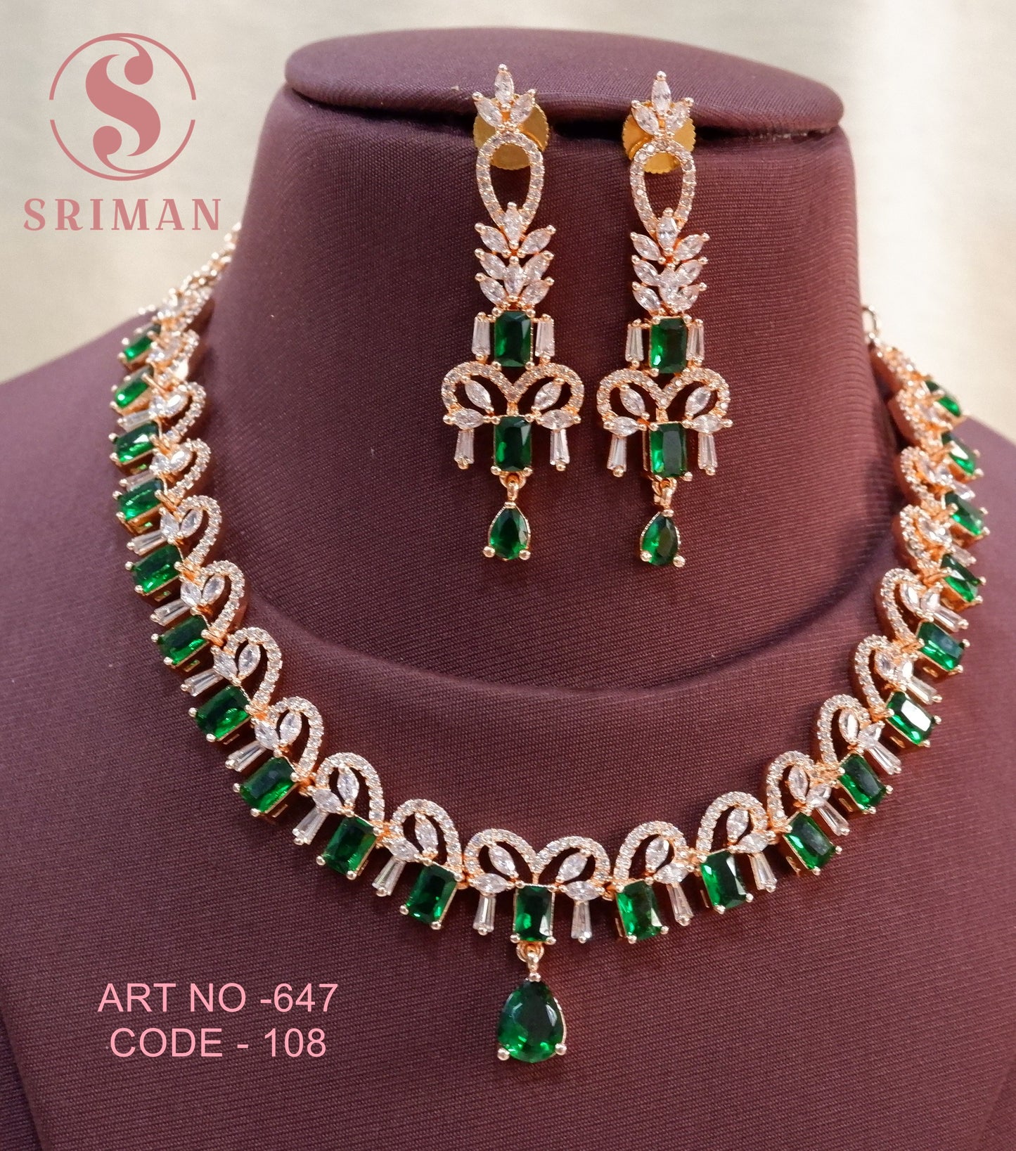 SRIMAN ROSE GOLD GREEN STONES NECKLACE SET