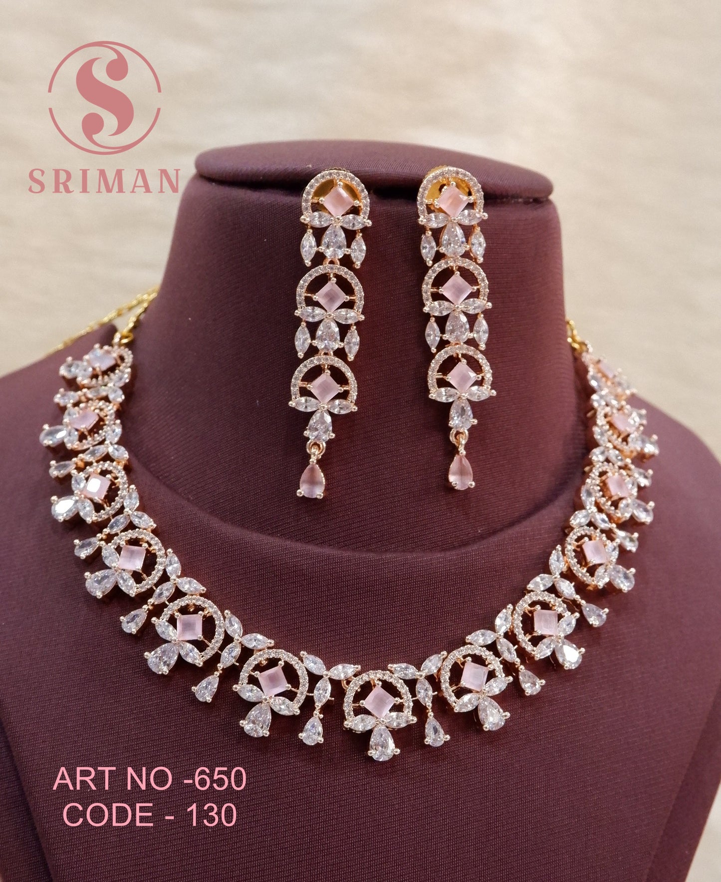 SRIMAN PINK STONES ROSE GOLD NECKLACE SET