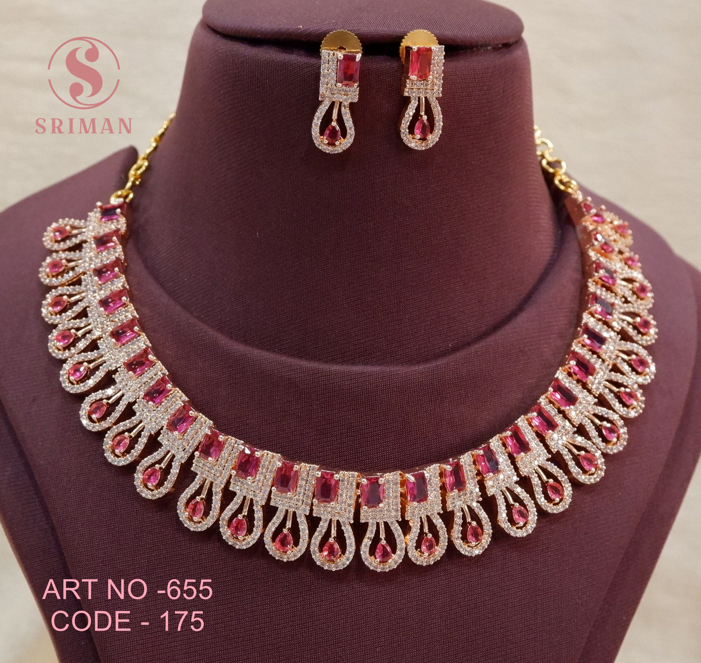 SRIMAN ROSE GOLD RED STUDS NECKLACE SET