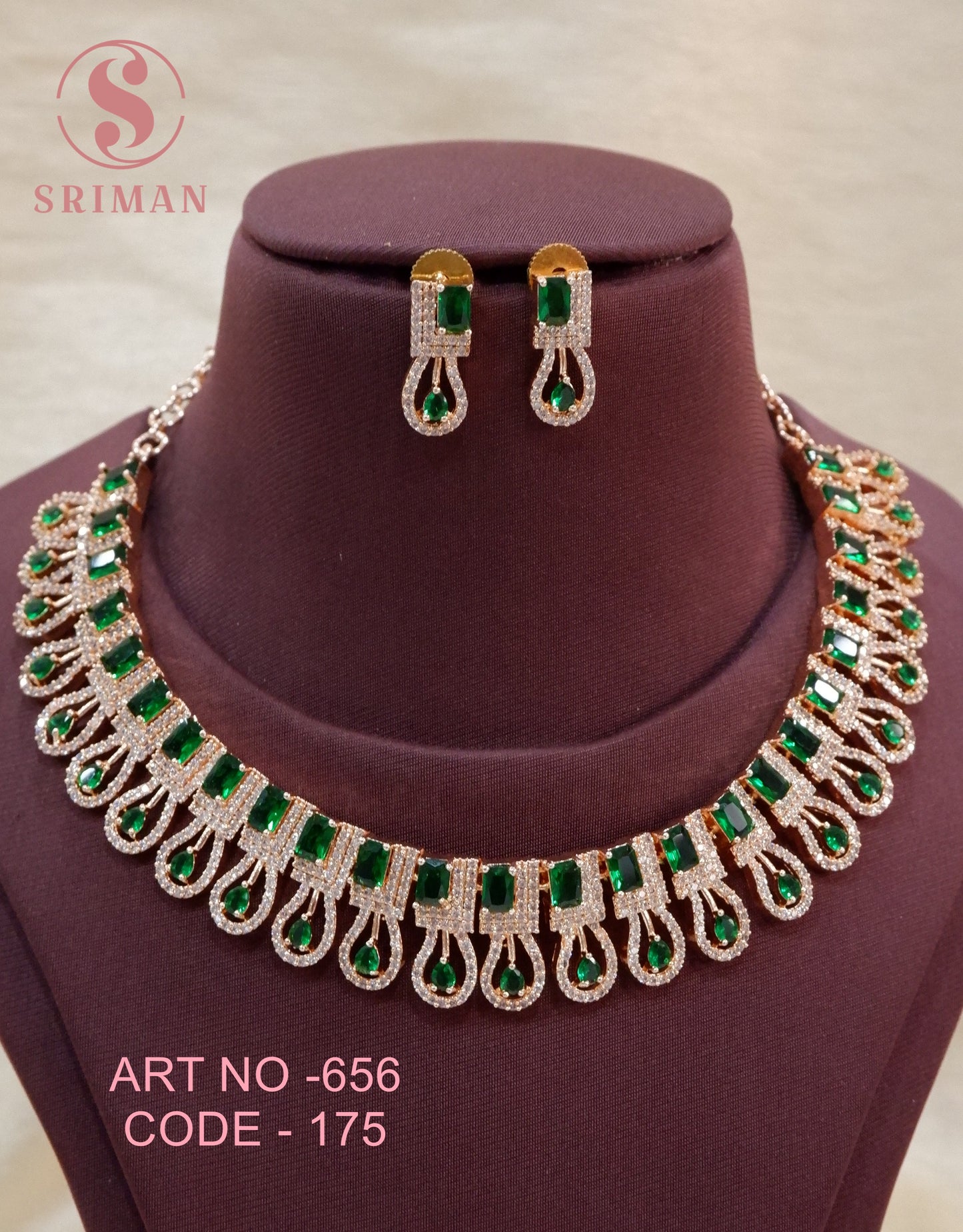 SRIMAN ROSE GOLD GREEN STUDS NECKLACE SET