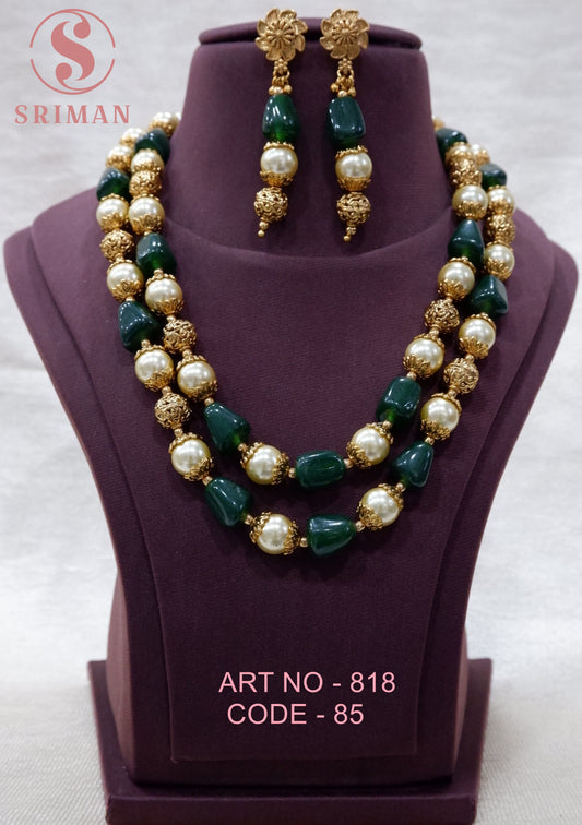 SRIMAN GREEN AND GOLD PERALS SET WITH EARINGS
