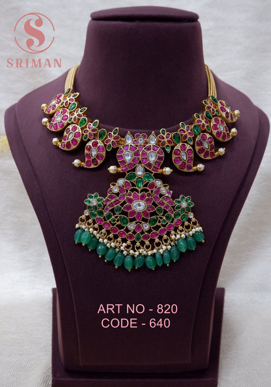 SRIMAN REAL KEMPU STONES AND BEATS NECKLACE WITH EARINGS